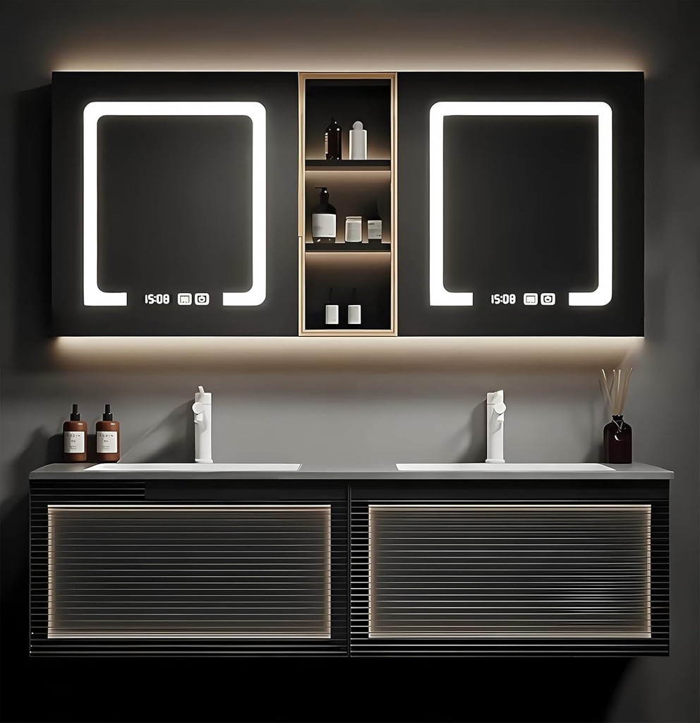 60IN Bathroom Vanity with Sink, Floating Modern Bathroom Vanities Set with Smart Defog Mirror, Oak Wood Bathroom Cabinet with Striped Drawers, Double Sink and Slate Countertop, Wall Mounted (Black)