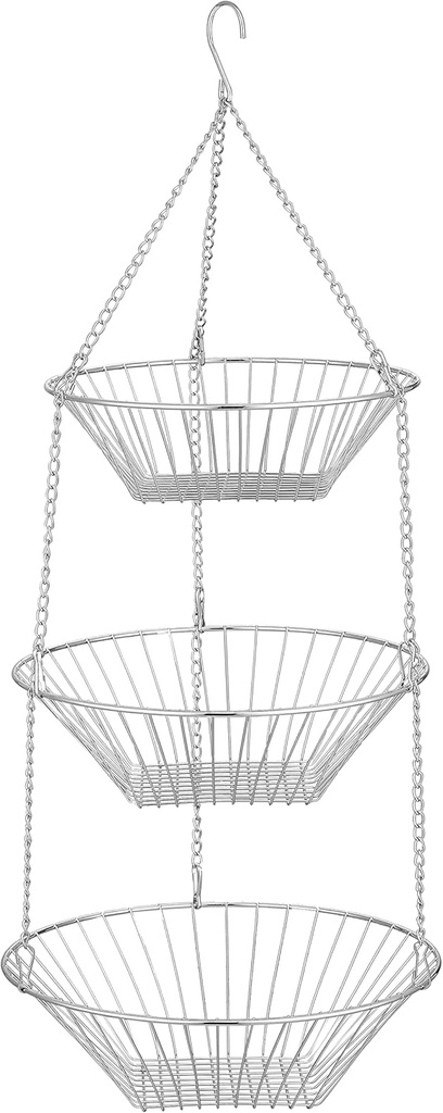 3-Tier Wire Fruit Hanging Basket, non-Punching Wall Hanging Storage, Kitchen Bathroom Organization Basket, Suitable for Bathroom, Kitchen, Closet, Garden, Chrome