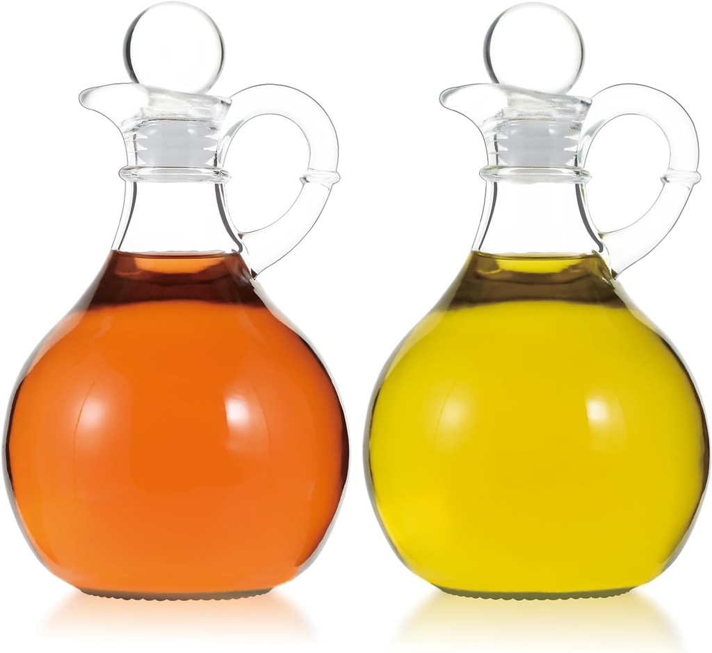 Oil and Vinegar Cruet Set of 2, Glass Oil and Vinegar Dispenser with Airtight Stopper, Glass Condiment Container for Homemade Oil, Salad Dressing