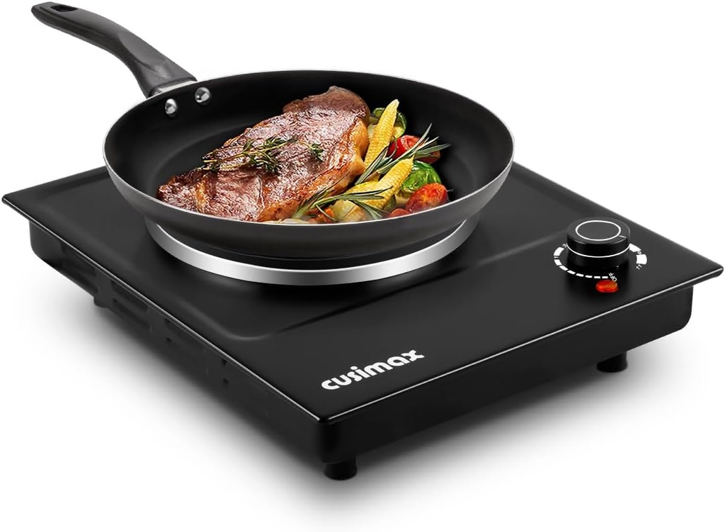 CUSIMAX Hot Plate, Single Burner Electric Cooktop, 1500W Electric Burner Hot Plate for Cooking with Adjustable Temperature, Portable Countertop Burner Stainless Steel, Black, New Model