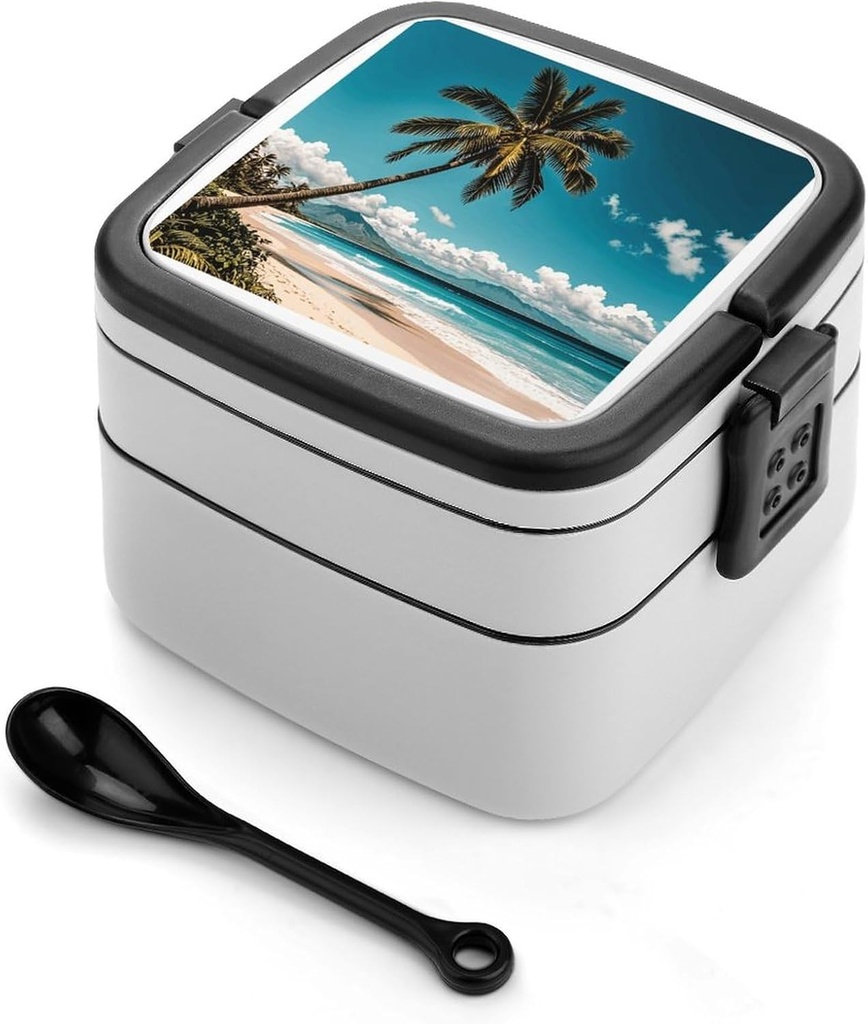 Palm Tree Hawaii Beach Stackable Bento Box Double-layered Leak-Proof Lunch Box 1L Capacity Portable Lunchbox Durable Drop-Proof for Work Picnic Travel