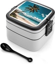 Palm Tree Hawaii Beach Stackable Bento Box Double-layered Leak-Proof Lunch Box 1L Capacity Portable Lunchbox Durable Drop-Proof for Work Picnic Travel