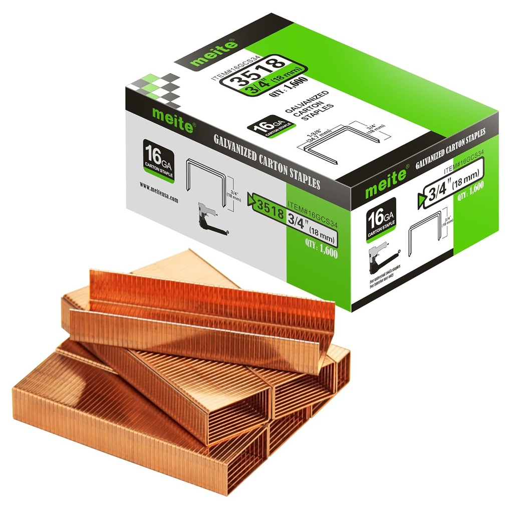 meite Carton Closing Staples 16 Gauge 1-3/8" Wide Crown 3/4" Leg Copper-Coated Carton Staples for Pneumatic or Manual Box Stapler Gun - Cardboard Closer Packaging (1,600PCS)