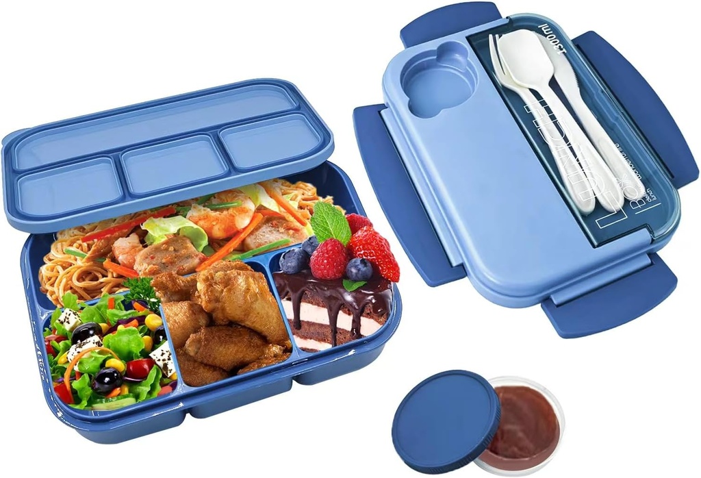 1.3L Bento Lunch Box with Cutlery and Sauce Box - Leak-Proof, Microwaveable, Easy-to-Clean - Ideal for Work and Meal Prep.