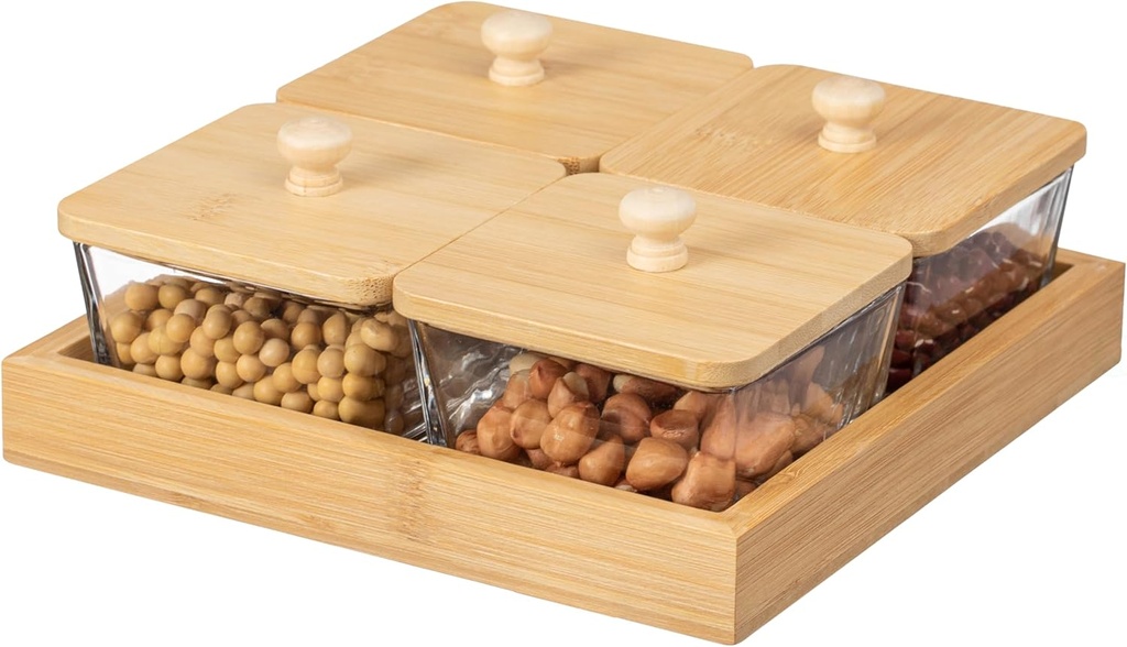 Basicwise Set of 4 Square Glass Jars with Bamboo Lids and Wooden Tray – Square Charcuterie, Snack Organizer and Fruit Platter for Party, Candy Jars, Cookies, Nuts, Fruits and Snack Box