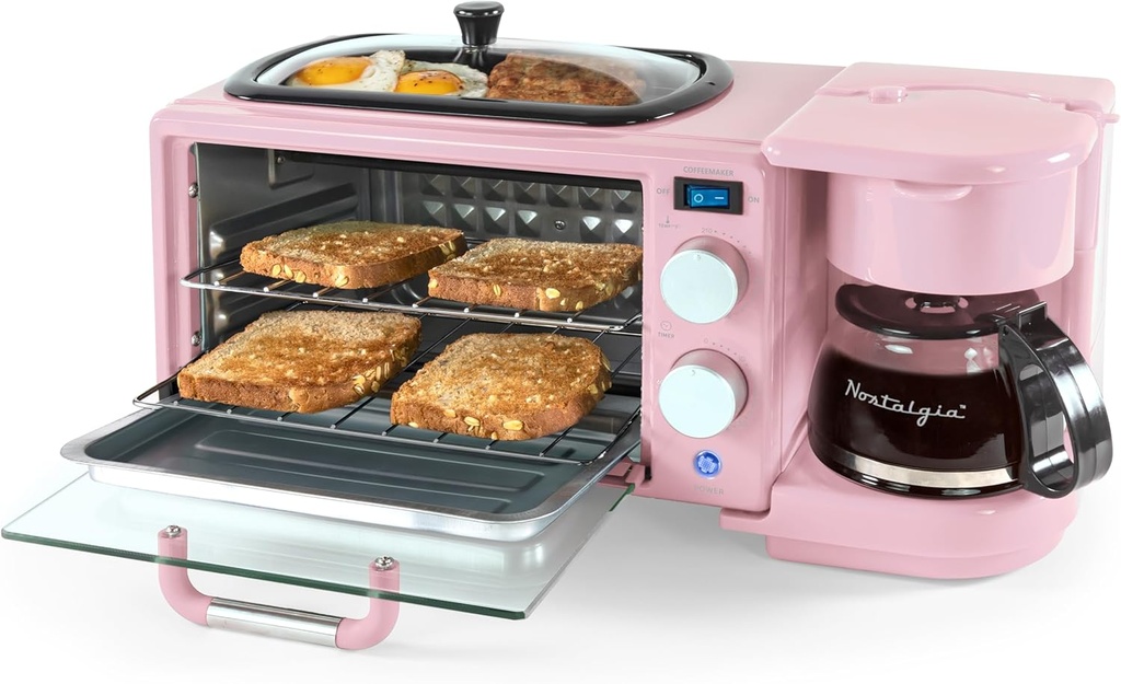 Nostalgia 3-in-1 Retro Breakfast Station - Includes 5 Cup Coffee Maker, Non-Stick Ceramic Griddle, and 4-Slice Toaster Oven - Built-In Timer, Reusable Coffee Filter, Space-Saving Design - Pink