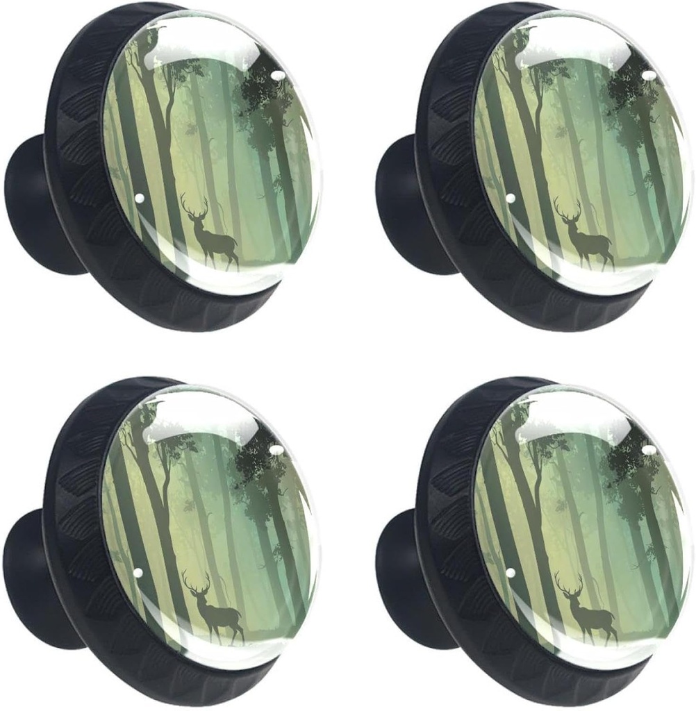 4 Pcs deciduous Forest Bird Deer Glass Drawer Knobs Black Dresser Knobs Drawer Pulls Door Knobs Dresser Drawer Handles for Kitchen Wardrobe Cupboard Hardware Furniture