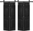 60 in. x 80 in. 6 Panel Black Painted MDF Composite Double Bi-Fold Barn Door with Sliding Hardware Kit