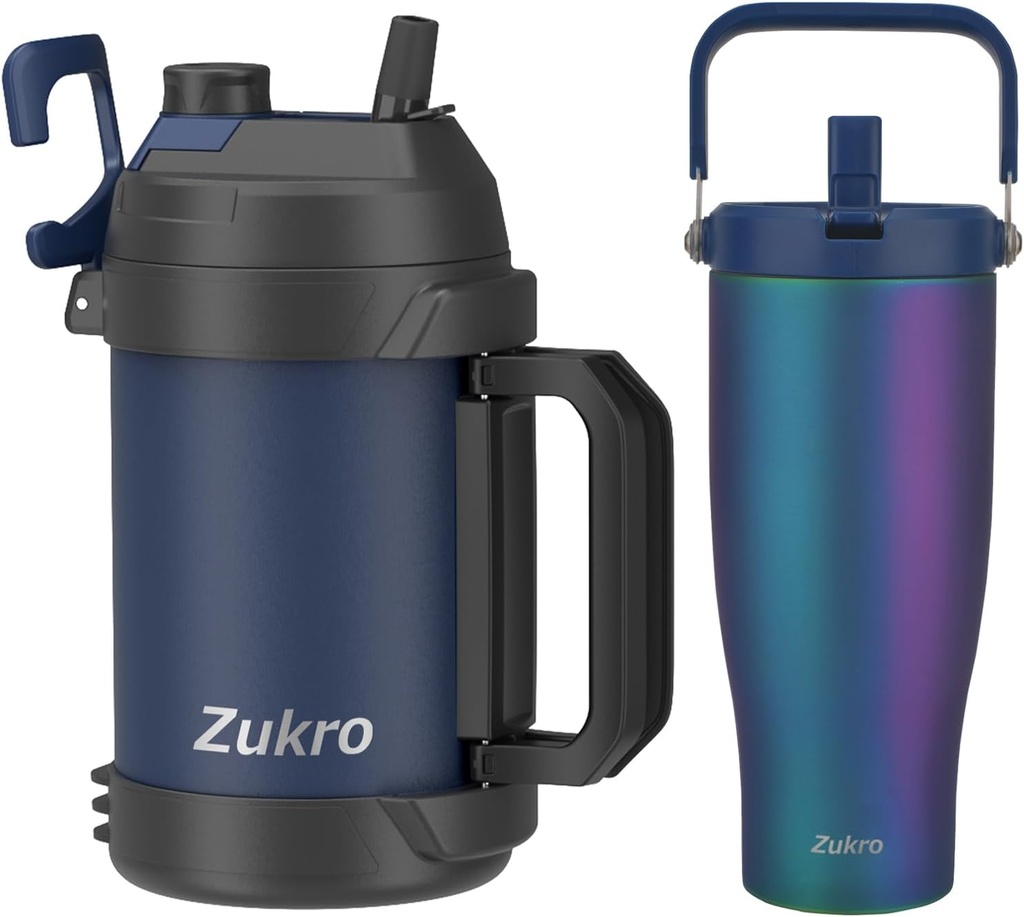 Zukro 1 Gallon Water Jug and 40 oz Insulated Tumbler with Top Handle and Flip Straw for Sport, Travel and Outdoors, Leak Proof One Gallon Stainless Steel Water Jug, No Sweat, Keep Cold 48 Hours