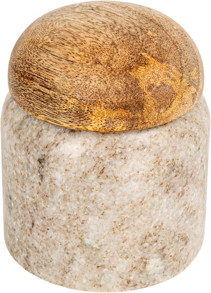 Creative Co-Op Unique Marble and Mango Wood Pinch Pot Canister with Lid, Vary Slightly in Color and Grain, Natural