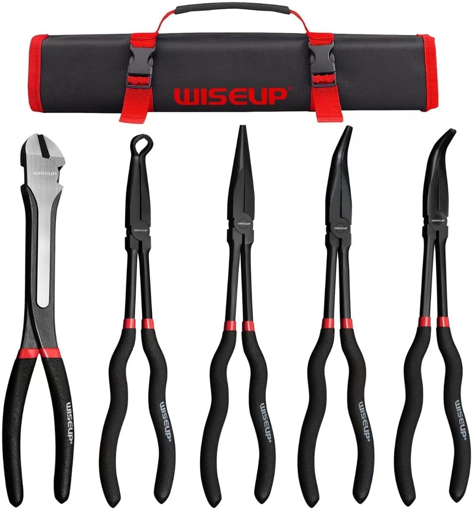 WISEUP 5Pcs Long Needle Nose Pliers Set ，Premium Carbon Steel，11" Long Reach Straight ，45° Bent Nose ，90° Bent Nose Plier，Diagonal Pliers for Narrow Spaces