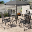 PUKAMI 6 Piece Folding Patio Dining Set with Umbrella, Outdoor Table and Chair with 4 Dining Chairs and Round Glass Table for Garden, Backyard and Deck, Black