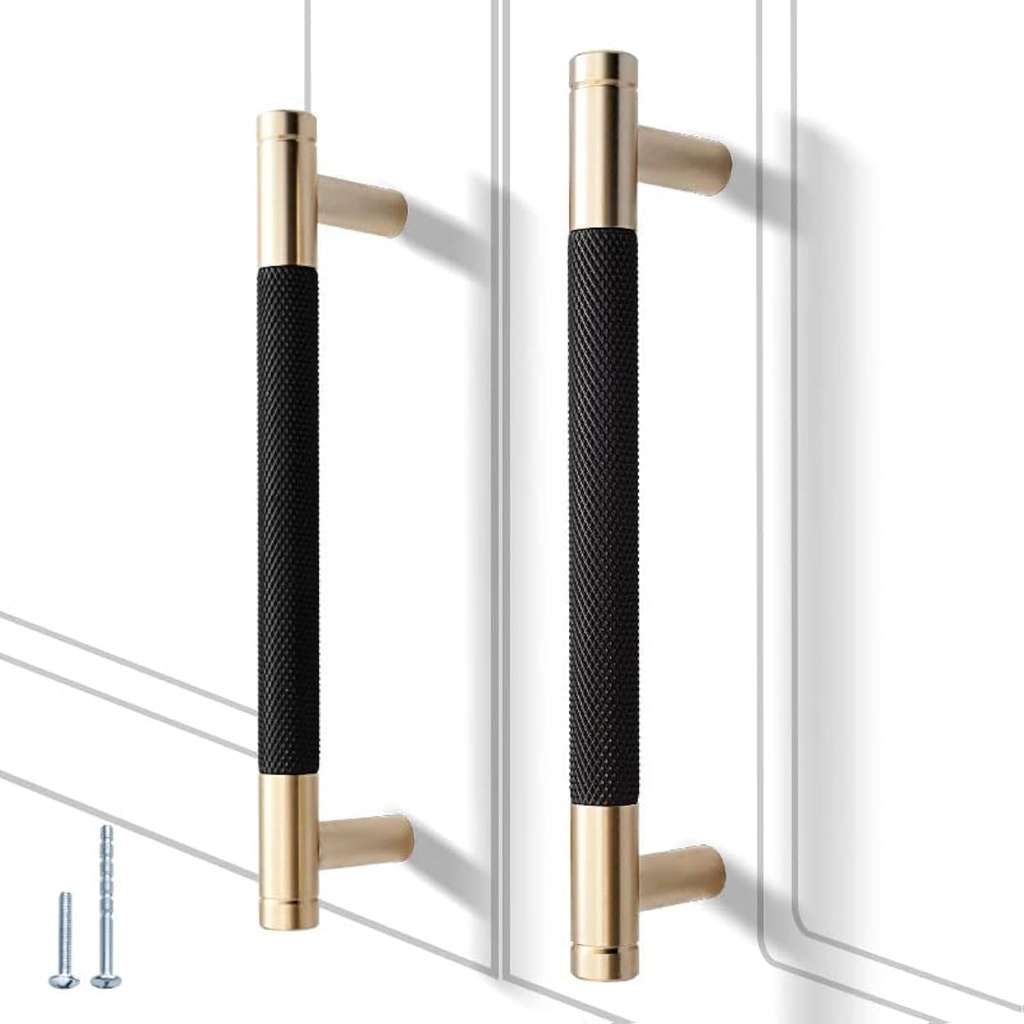12 Pack 5 Inch 128 mm Knurled Cabinet Handles Cabinet Pulls Aluminum Handles Pulls Gold and Black Oxidation Finish with Diamond Pattern 6" Length (5" Hole Center)
