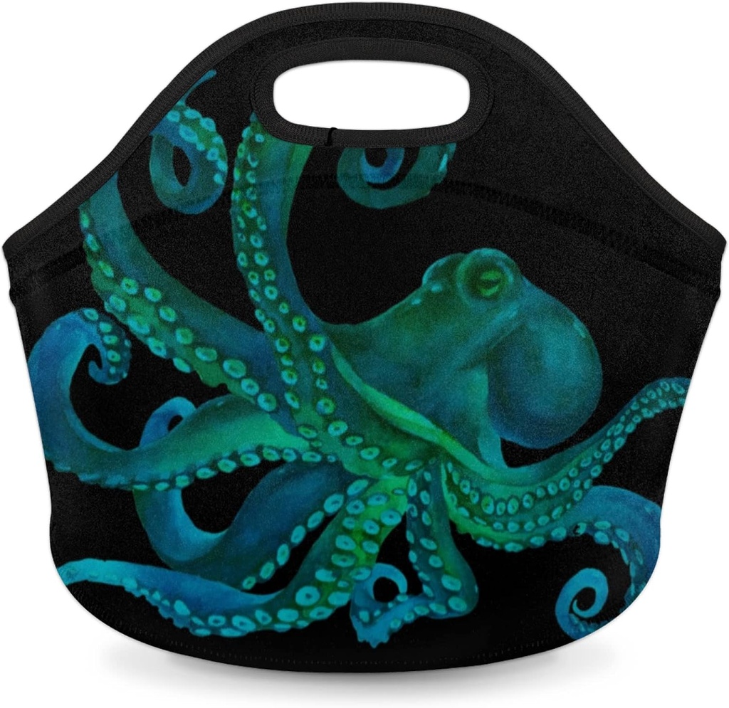 Insulated Neoprene Lunch Bag for Women Men Kids Watercolor Green Sea Octopus Lunch Box Reusable Small Lunch Tote Bag Cooler Bag for School Work Picnic