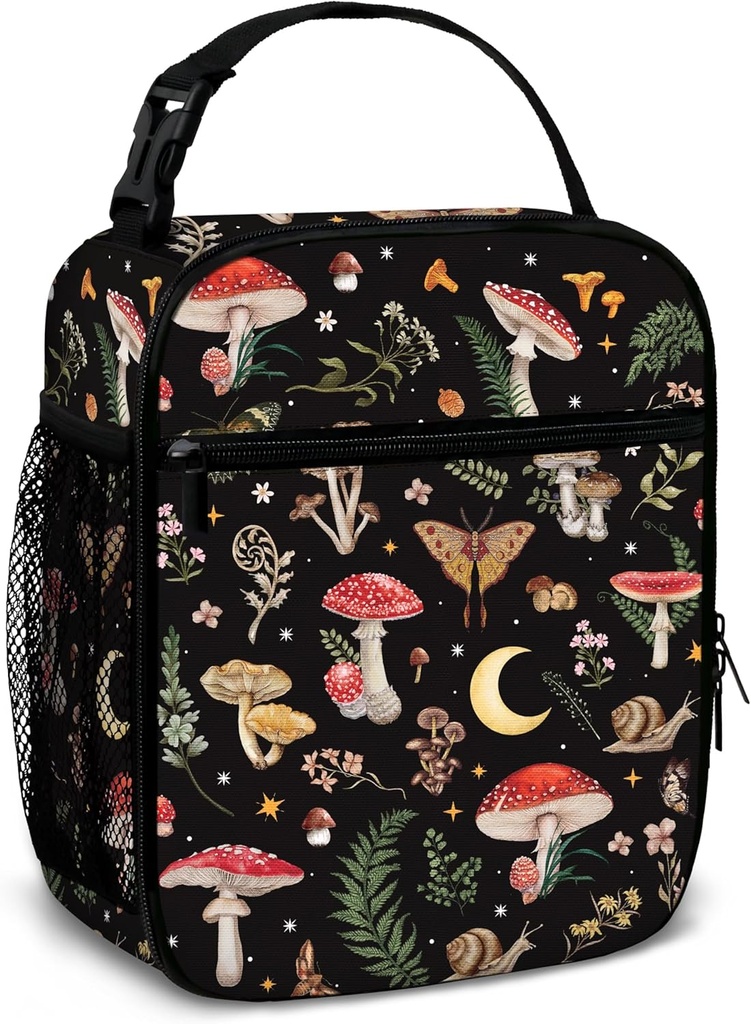 Mushroom Lunch Bag for Women Reusable Insulated Lunch Box Portable Tote Bag for Men Kids School Office Picnic Camping (Black, 10x4x8 Inch)