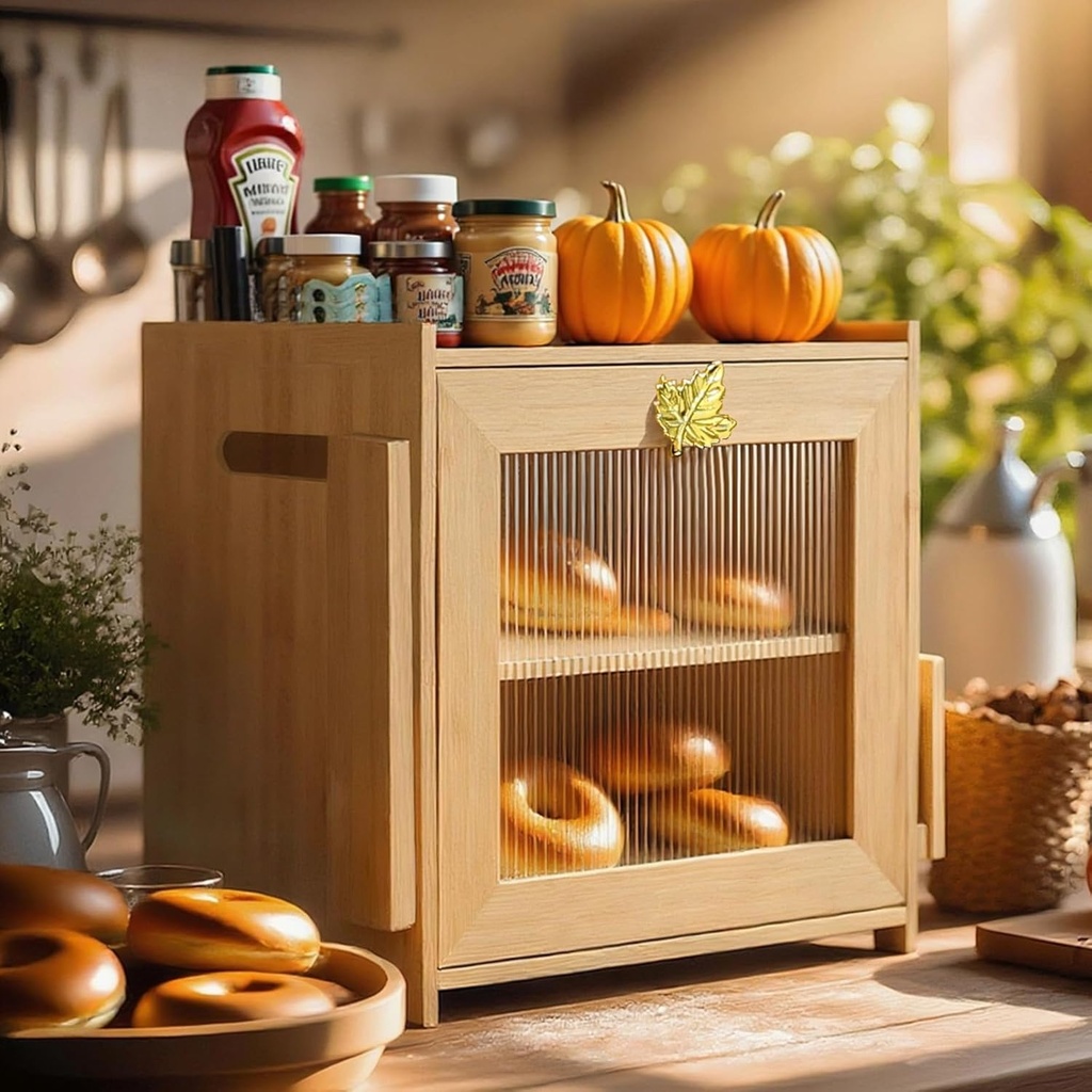 Double Layer Bamboo Bread Box with Glass Window – Large Rustic Farmhouse Bread Storage Bin for Countertop – Adjustable Shelf, Air Vents, Knife Slot – Fits 2+ Loaves (Maple Leaf)