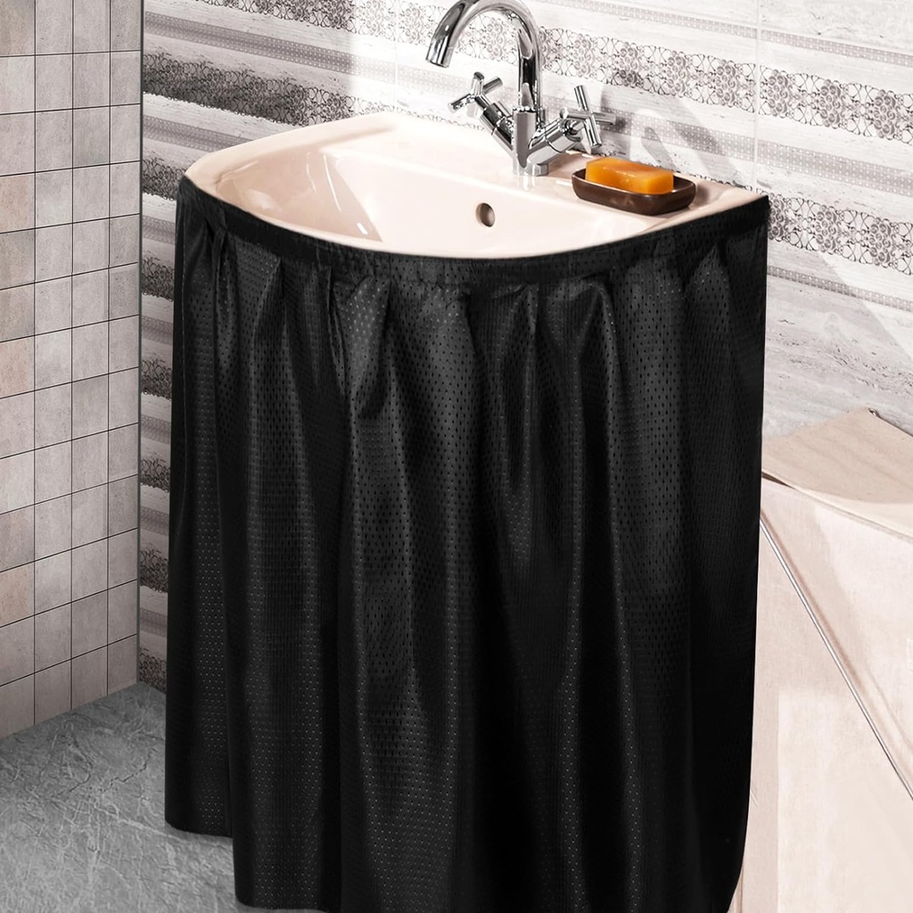 Fabric Sink Skirt Diamond Bathroom Stitch Self Stick Adhesive Waterproof Fabric Under Sink Curtain Skirt 55 x 32 Inch Adds Bathroom Storage(Black,Classic Style)