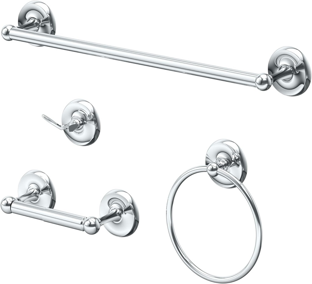 Gatco 5070KIT Designer II 4-Piece Kit 18" Towel Bar, Toilet Paper Holder, Towel Ring, Robe Hook, Chrome