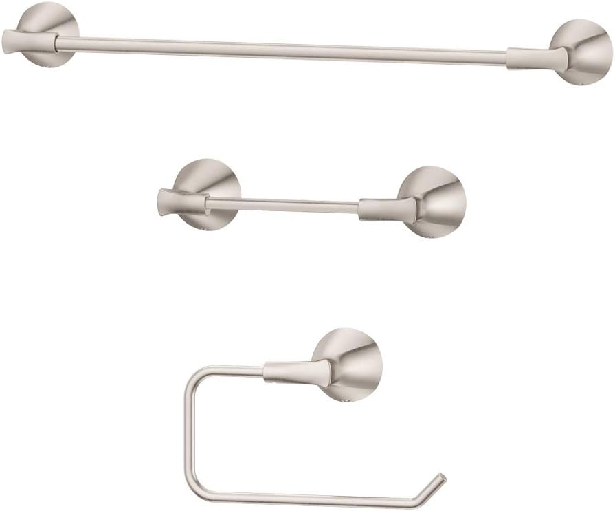 Pfister Willa 3-Piece Bathroom Hardware Set with Towel Bar, Towel Ring, and Toilet Paper Holder, Wall-Mounted, Brushed Nickel Finish, BTBWLL3K