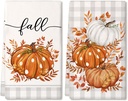 ARKENY Fall Kitchen Towels Set of 2,Orange Pumpkin Grey Buffalo Check Autumn Dish Towels 18x26 Inch Drying Dishcloth,Farmhouse Home Decoration AD118