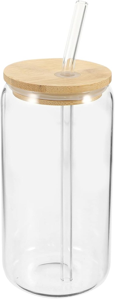 Kichvoe Glass Cups Set with Bamboo Lids and Straws Wide Mouth Jar Reusable Cup Bubble Tea Cups Glasses Tumbler for Iced Coffee Smoothie Juice 500ml