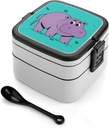 Bento Box Stackable Lunch Box with 2 Compartments Leak-Proof Food Storage Containers Cartoon Hippos Bento Lunch Box for Adults Lunch Containers with Utensil Set