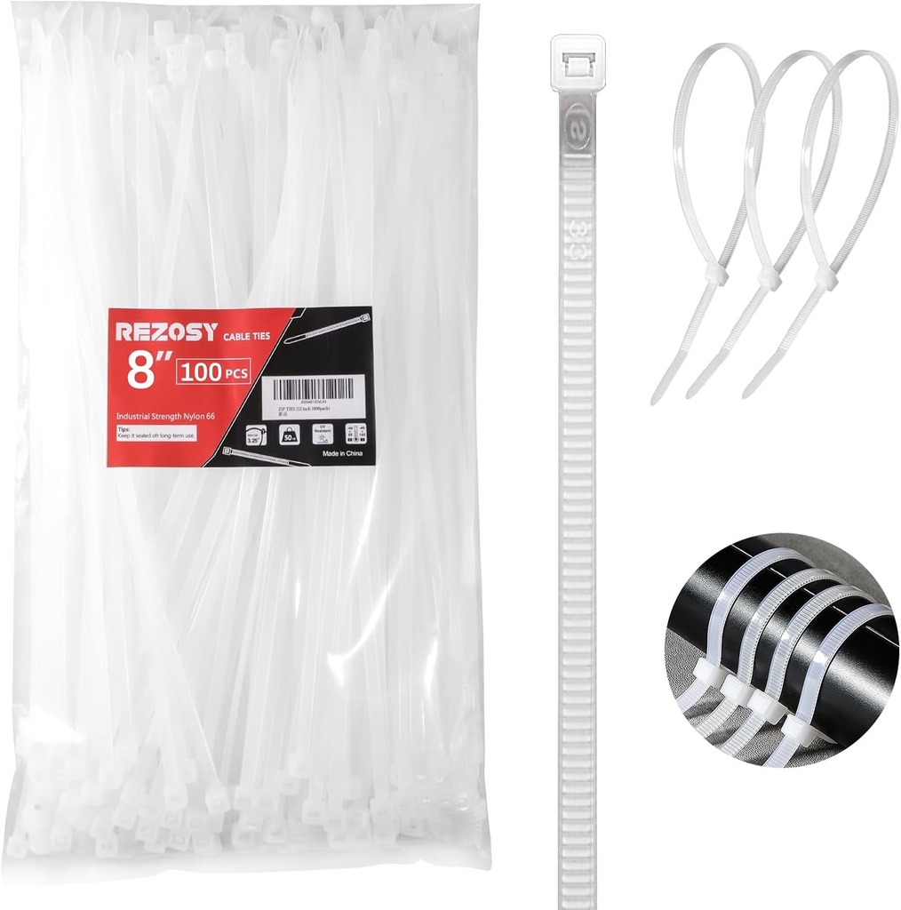 White Zip Ties 8 Inch 100 Pack Clear Tensile Strength 40 lbs UV Resistant Industrial Cable Ties Self Locking Zipties Wire Ties Wrap Indoor Outdoor Use for Fence Garage Camping