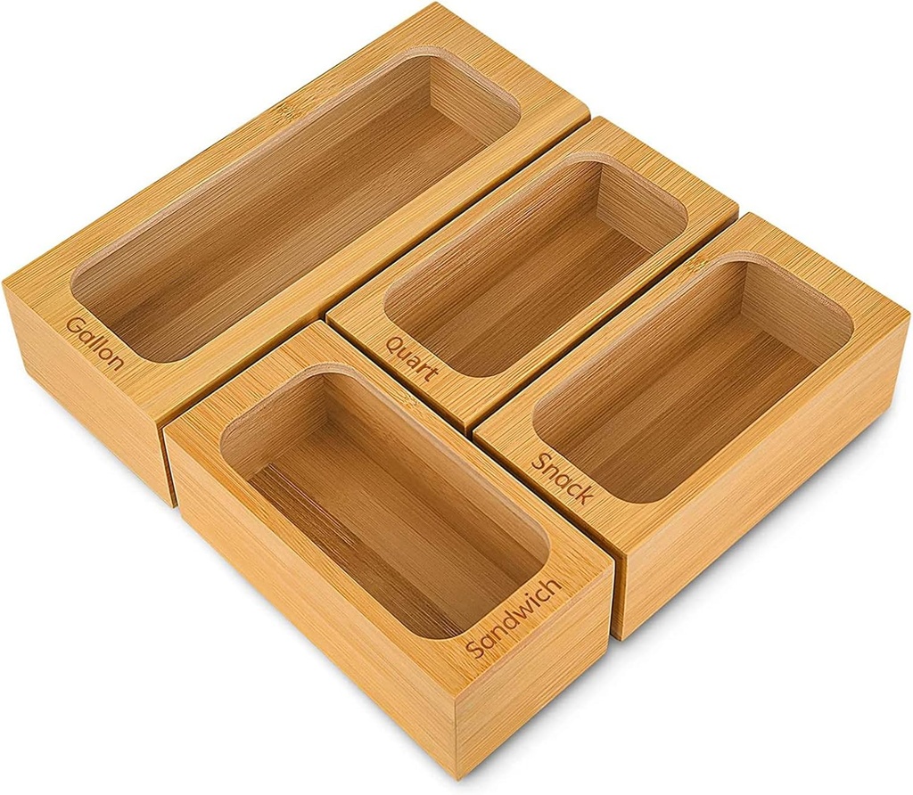 Ziplock Bag Storage Organizer, ZHENROAD 4 Pack Separate Baggie Organizer for Kitchen Drawer, Bamboo Food Storage Bag Holders Compatible with Gallon, Quart, Sandwich and Snack Variety Size Bag