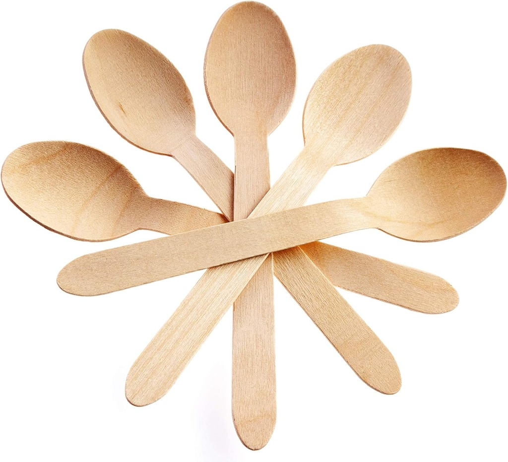 Concession Essentials Disposable Wooden Cutlery Spoons, Compostable and Earth Friendly, 6.25 Inch Length - Pack of 100 Spoons