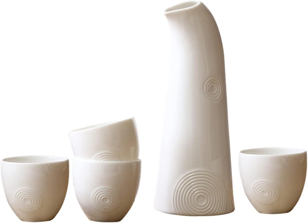 Pottery Sake Set, 5 Pieces,Traditional Retro Thread Ceramics Sake Cup Set,Best Gift for Family and Friends, with 1 Sake Pot and 4 Sake Cups (Wit)