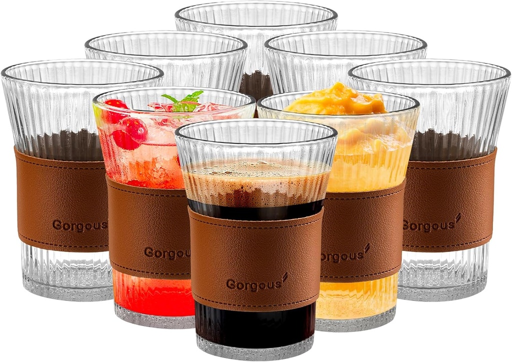 8oz Ribbed Glass Cups Set of 8 with Leather Grip, Clear Drinking Glasses for Iced Coffee, Latte, Cappuccino, Cocktail, Juice, Whiskey, Milk & Tea