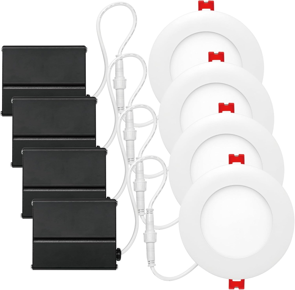 GLOBE Electric 91119 4" Ultra Slim LED Integrated Recessed Lighting Kit 4-Pack, 9 Watts, Energy Star, IC Rated, Dimmable, Wet Rated, White, 4.25" Hole Size, Bathroom Lights, 540 Lumens Each
