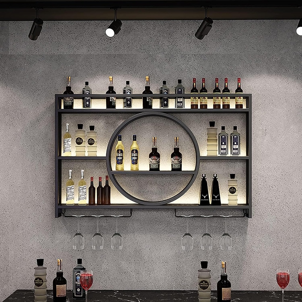wine cellar racks , Large Metal Wall Mounted Wine Display Rack, Bar Unit Floating Shelves With Stemware Hanger ，Iron Display Stand Wine Holder For Home, Restaurant, Bars Decor(Color:Black,Size:100x15x