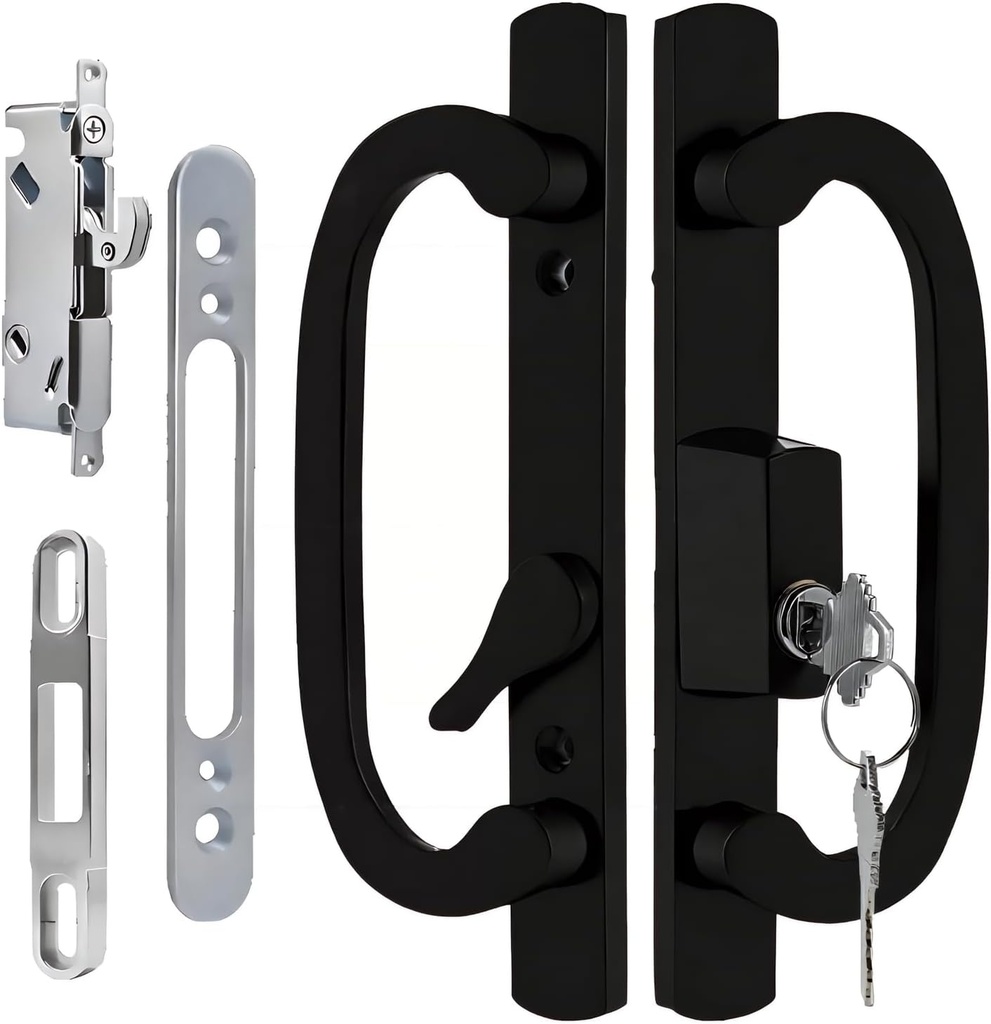 Offset Sliding Patio Door Handle Set with Mortise Lock & Keys | 45° Keyway | Fits 1-3/8" to 2" Doors | 3-15/16" Hole Spacing | Zinc Alloy | Non-Handed | Black Diecast