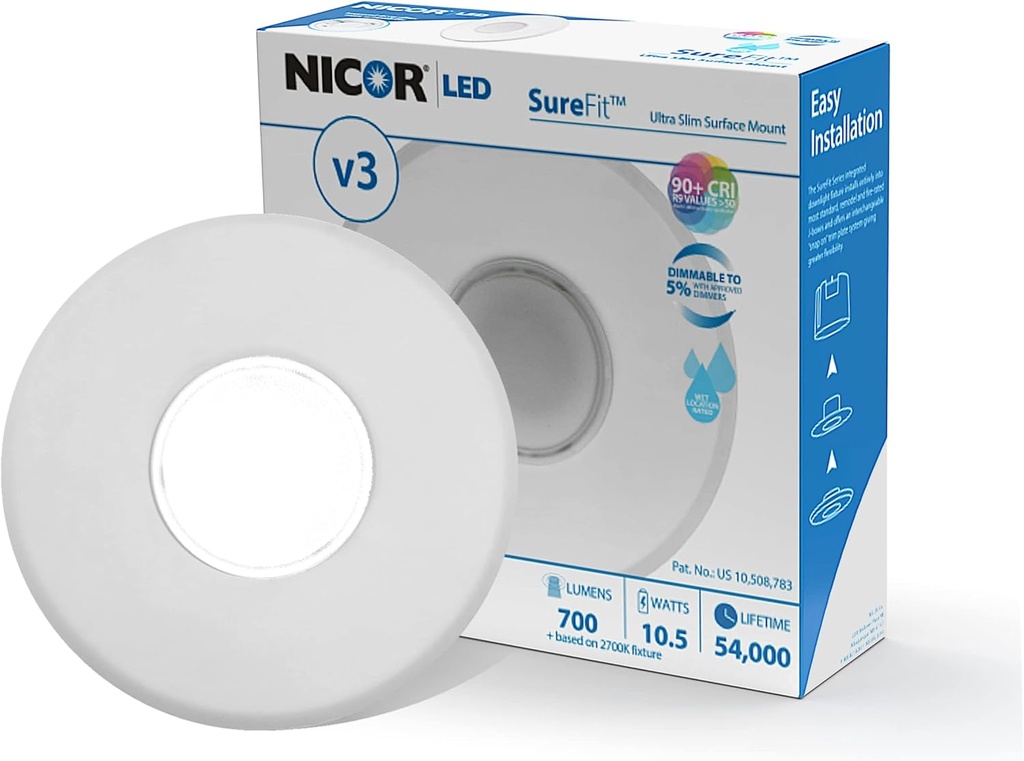 SureFit(v3) LED Flush Mount Ceiling Light, 3000K with Round White Trim (DLF301203KWH)