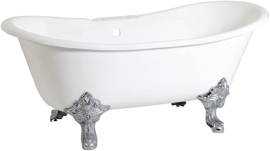 Aqua Eden VCT7DS6731NL1 67-Inch Cast Iron Double Slipper Clawfoot Tub with 7-Inch Faucet Drillings, White/Polished Chrome
