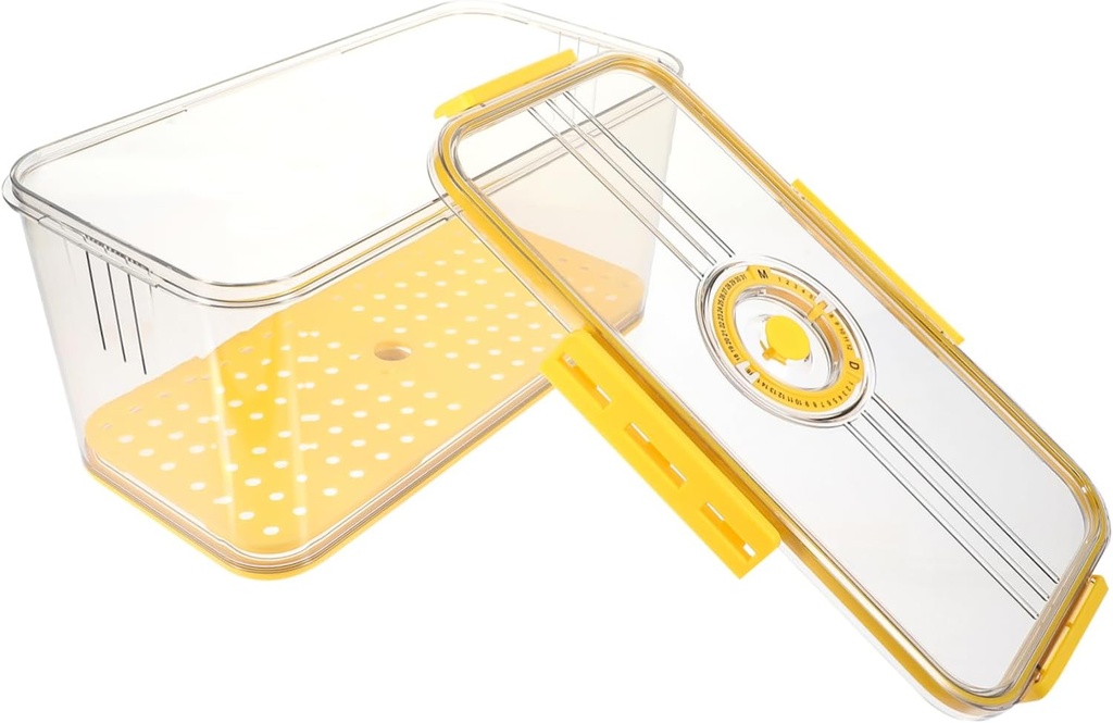 GLEAVI Large Yellow Fridge Food Storage Box with Timer Lid and Detachable Draining Tray Transparent Vegetable and Fruit Keeper for Refrigerator Organization and Freshness Tracking