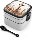 All-in-One Bento Box Stackable Leak-Proof Lunch Box With Carry Handle 2 Layer Portable Meal Prep Container Cute Cartoon Funny Giraffes Lunchbox with Utensils for Dining Out Work, Black