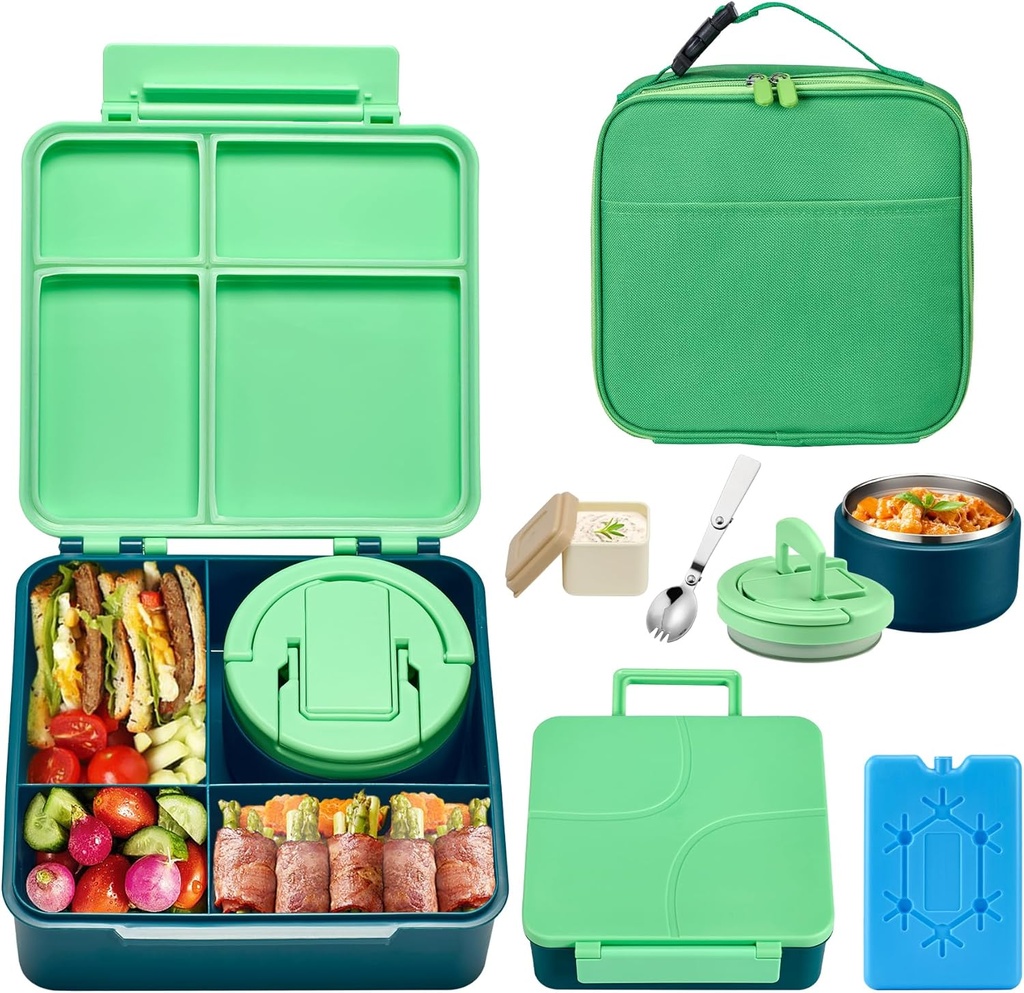 Bento Lunch Box with 8oz Soup Thermo,Kids Leakproof 4 Compartment Lunch Food Containers with Sauce Cup and Ice Pack,Kids Thermo Insulated Hot Food Jar and Lunch Bag for School,Trvael-Green
