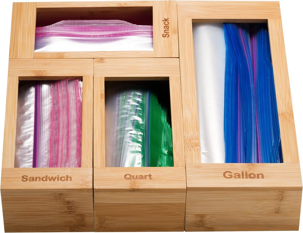 Bartnelli Bag Organizer for Kitchen Storage Organization, 4 PC Premium Bamboo Drawer Organizer, Bag Holder Dispenser