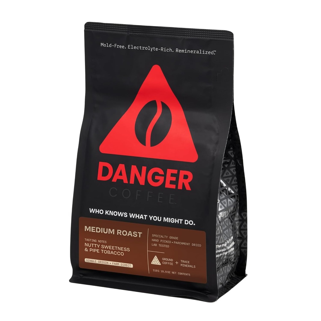 Danger Coffee by Dave Asprey, Remineralized, Mold Free & Lab Tested Ground Coffee, Medium Roast, 10.9 Ounce