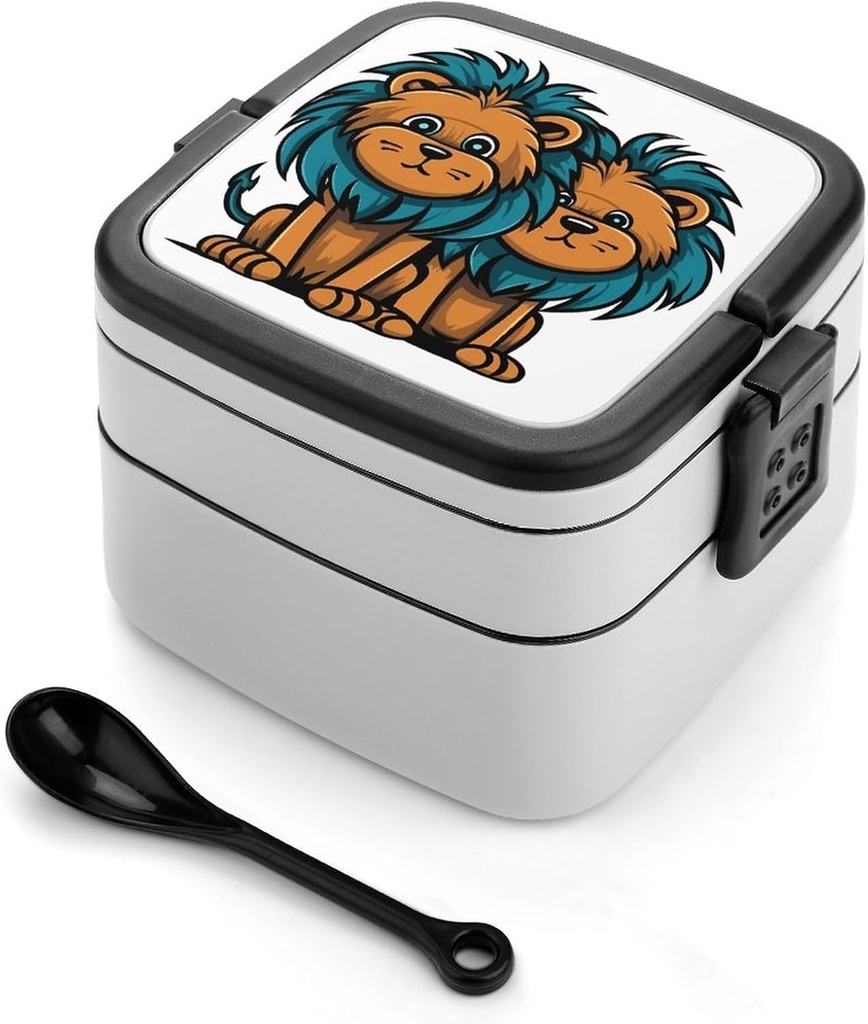 Clipart Lion Bento Box with Spoon, 2-layer Stackable Lunch Box Leak Proof with Invisible Handle, Insulated Food Storage for Office, Picnic & Travel