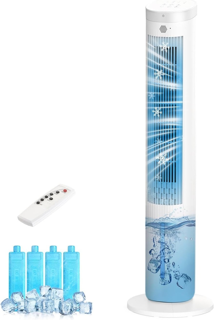 Windowless Air Conditioners, 41" Evaporative Air Cooler, 3-in-1 Cooling Fans, 4 Mode, 3 Speed, 4 Ice Packs, 7H Timer, 60° Oscillation, Remote, Portable Ac Unit for Room, Bedroom, Indoor White