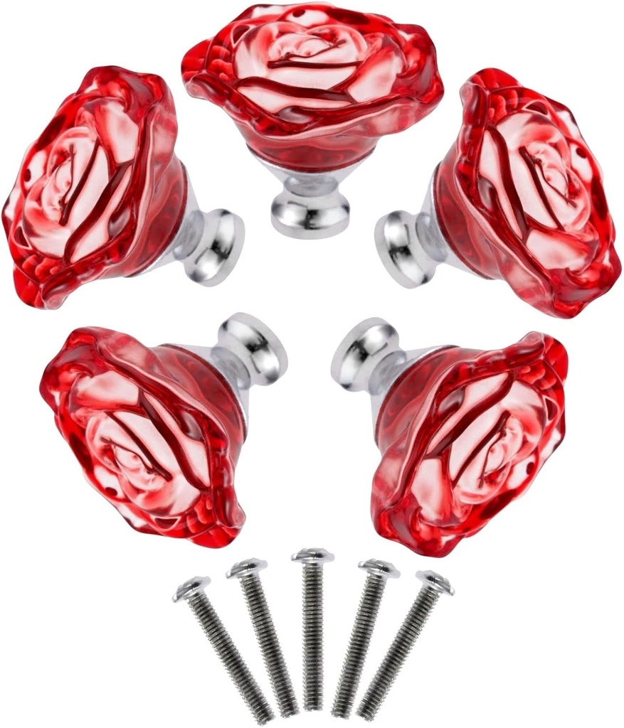 Yetaha Red Glass Dresser Knobs, 5PCS Rose Crystal Drawer Handles Diamond Furniture Pulls for Cabinet Cupboard Wardrobe Bathroom Kitchen Office Decoration, with Screws