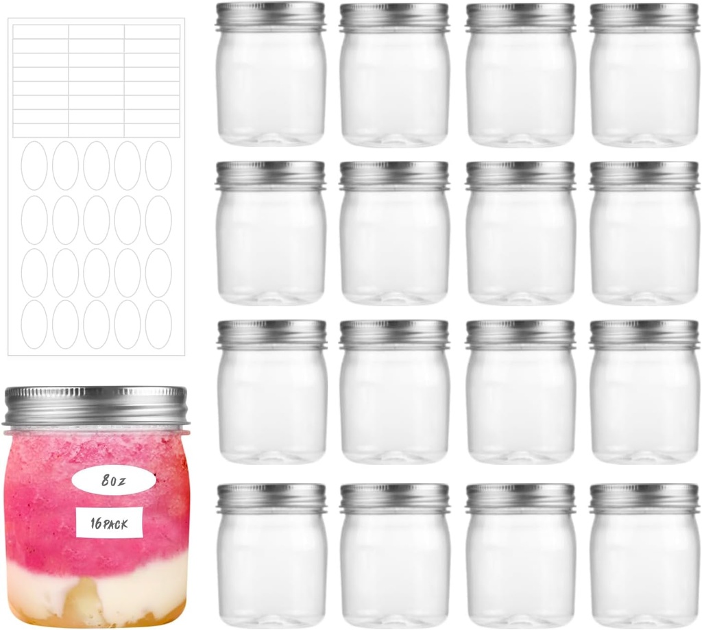 16 Pack 8OZ Sliver Plastic Jars With Screw On Lids，Plastic Mason Jars Food Storage Container For Storing Dry Food, Candy, Cream,Peanut, Butter