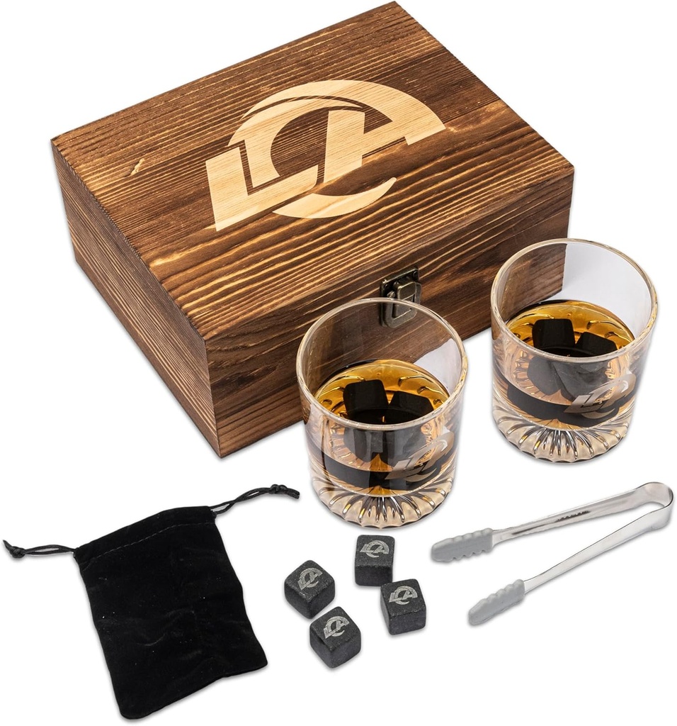 The Memory Company Officially Licensed NFL Wood Boxed Drinkware Set, with 2 Rocks Glasses and Cooling Cubes, Los Angeles Rams