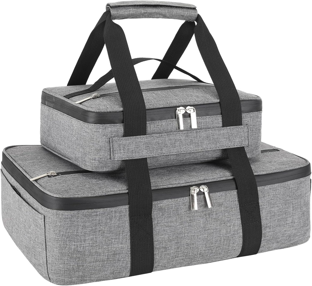 Insulated Casserole Carrier for Hot or Cold Food, Fits 8"-15" Baking Dish，Thermal Food Carrier Bag, Lasagna Lugger Tote for Potluck Parties/Picnic/Cookouts/Lunch, Grey，2 Pack