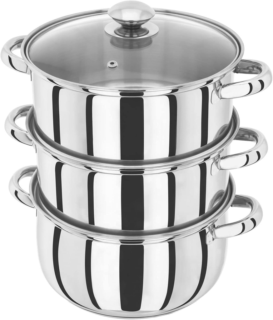 Judge Essentials HX04 22 Centimetre 3-Tier Steamer Set with Glass Lid, 22cm, Silver