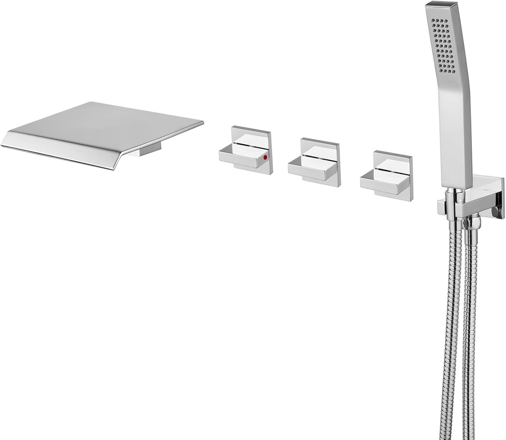gotonovo 3 Handle Tub and Shower Faucet Set Wall Mounted Bath Tub Faucet Waterfall Tub Filler with Handheld Spray High Flow Rate 2 Function Bathroom Shower System with Rough-in Valve Polished Chrome