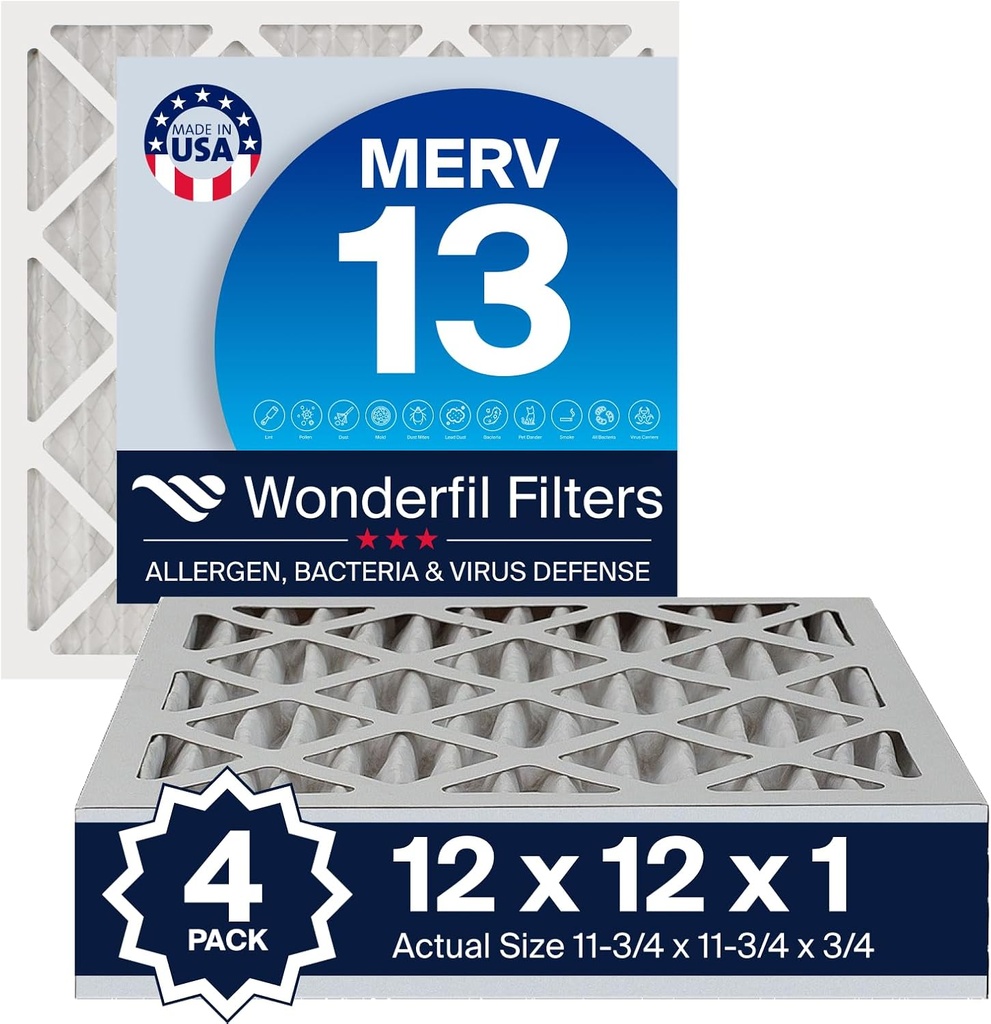 12x12x1 MERV 13 Air Filter (4-Pack) | Wonderfil Filters | Pleated HVAC Design | Perfect Fit for AC & Furnace Systems | Actual Size: 11.75" x 11.75" x 0.75"